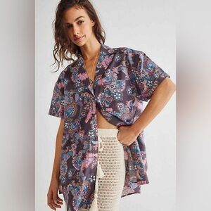 We The Free People Paisley Floral Button Down Shirt Dress Boho Beachy Retro